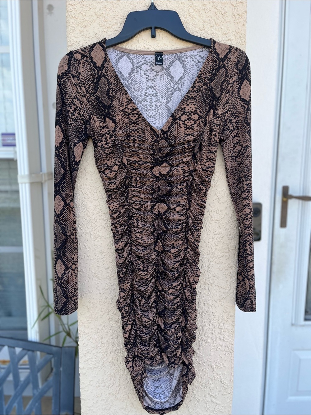 Windsor Snakeskin Ruched V-Neck Bodycon Dress